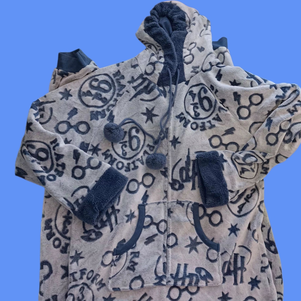 Hogwarts Wizarding World Women's Harry Potter One-Piece Hooded Pajama Blue XL